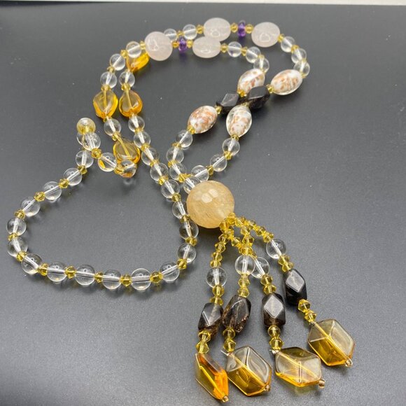 Artisan Glass Statement Necklace Opaline Foiled Beads 4" Tassel Pendant Vintage - Picture 6 of 16